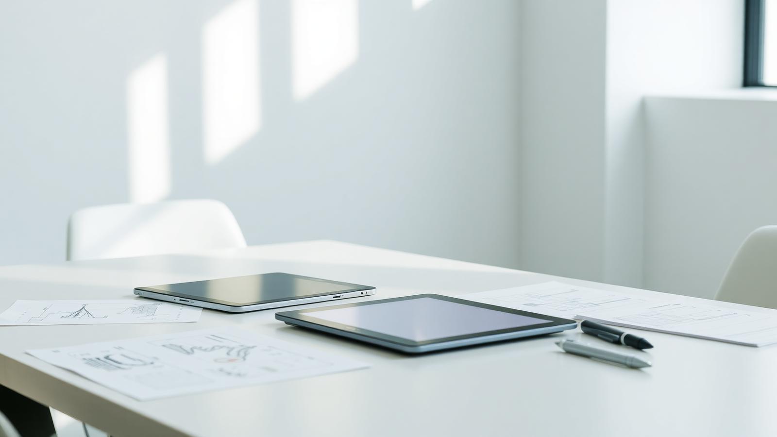 Bright meeting table with production plans, sketches and a tablet