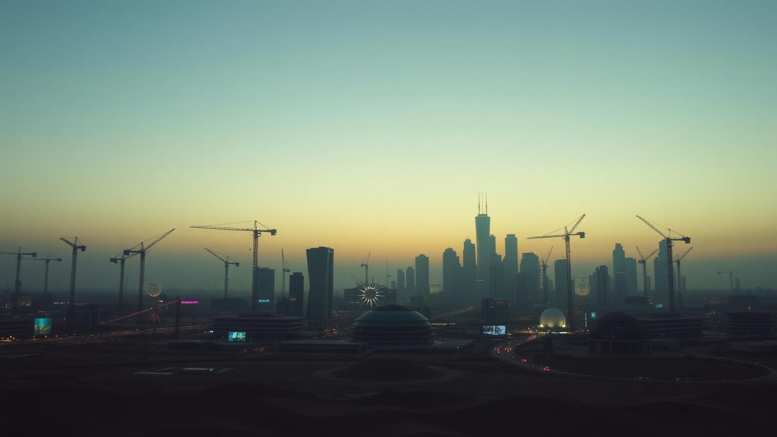 Gulf city skyline at dusk with construction cranes and event structures
