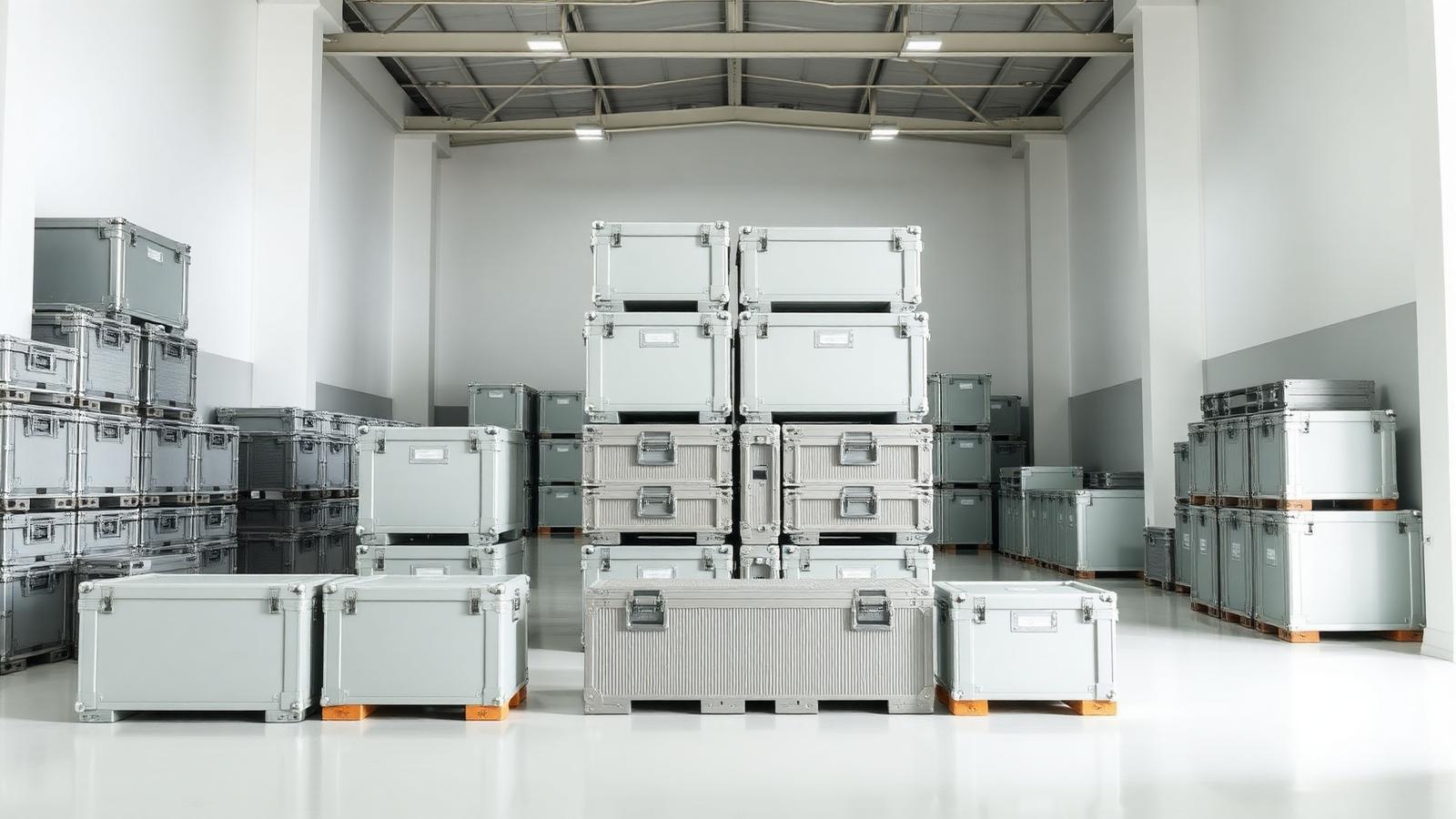 Flight cases and crates stacked in a bright warehouse