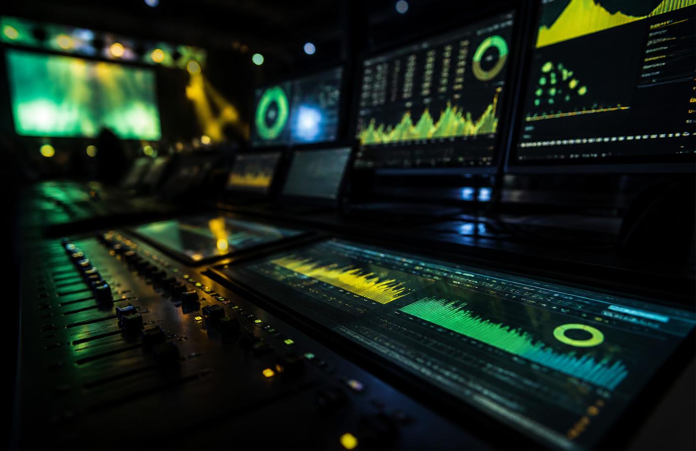 Show control desk with live data dashboards during an event